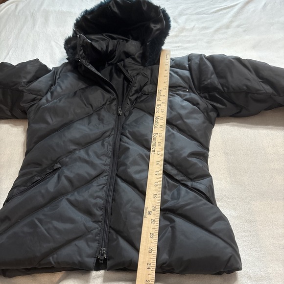 BEBE Black PufferJacket Genuine Rabbit Fur Trim Hood Down Parka Women's Size S - Picture 4 of 6